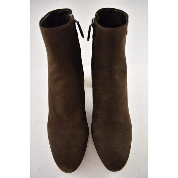 Prada 55MM Moro Chocolate Brown Suede Logo Short Ankle Block Heel Bootie 37.5 - Picture 7 of 16